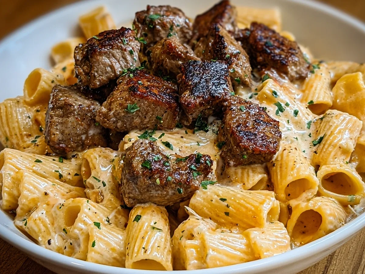 Cajun Steak Tips with Cheesy Rigatoni Parmesan Sauce - Image 1