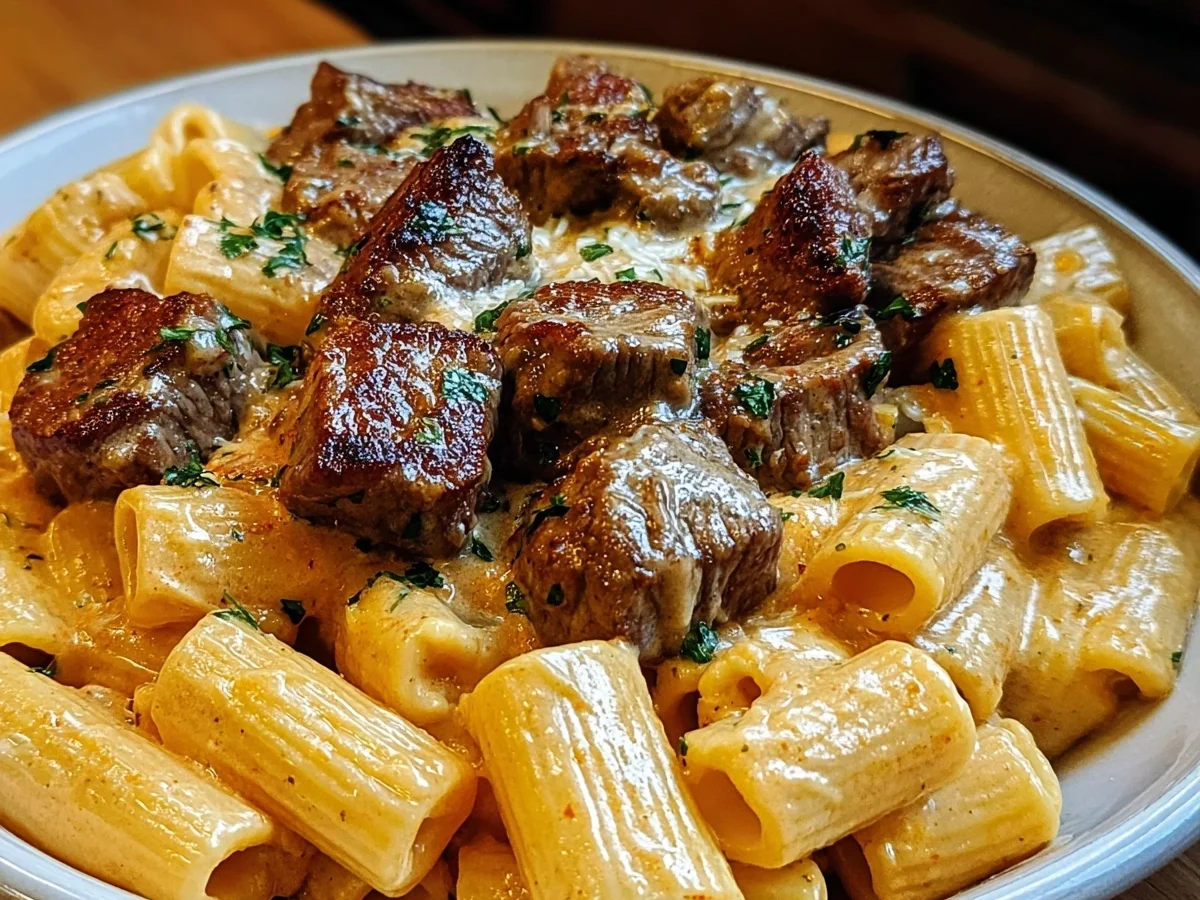 Cajun Steak Tips with Cheesy Rigatoni Parmesan Sauce - Image 2