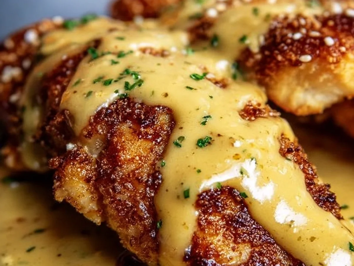 Crispy Pretzel Chicken with Tangy Mustard-Cheddar Sauce - Image 1