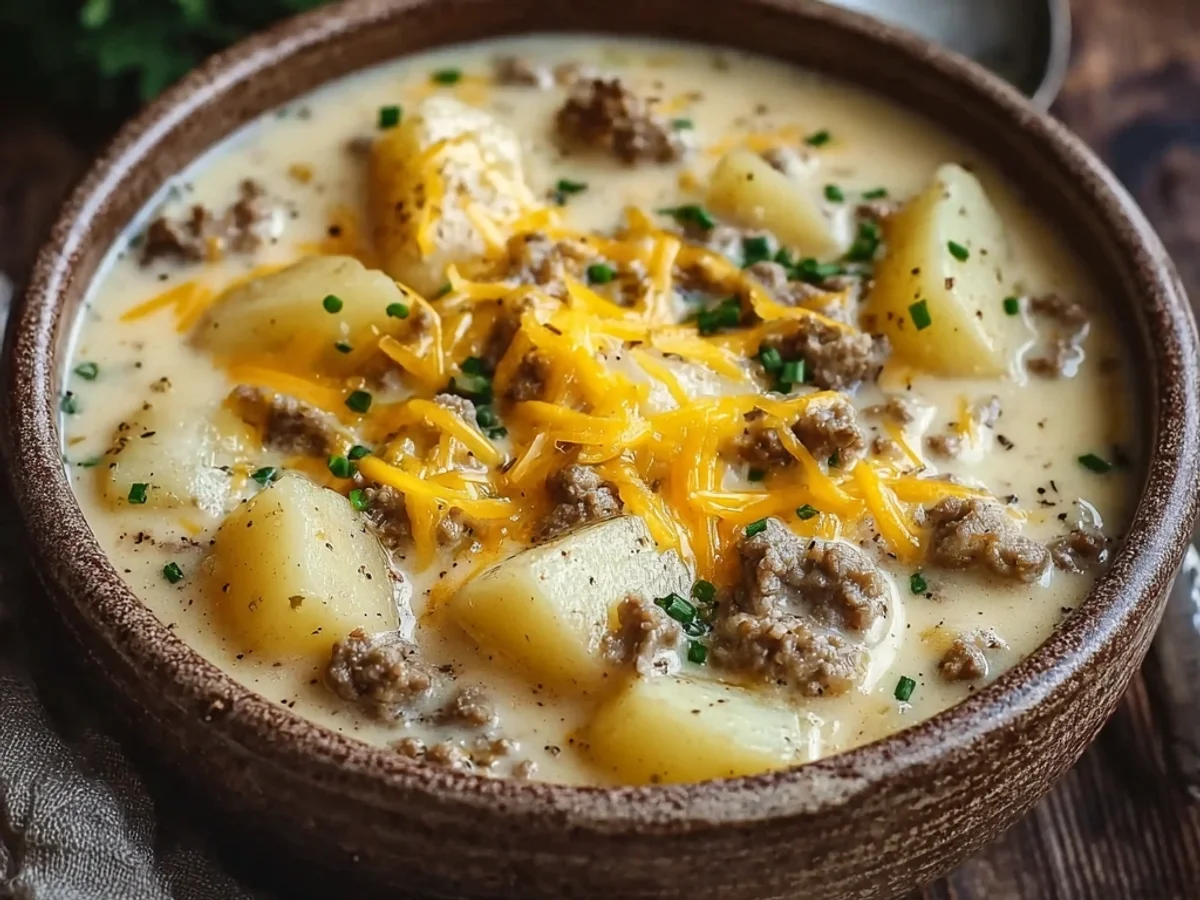 Hearty Warm Cheesy Hamburger Potato Soup Recipe - Image 1