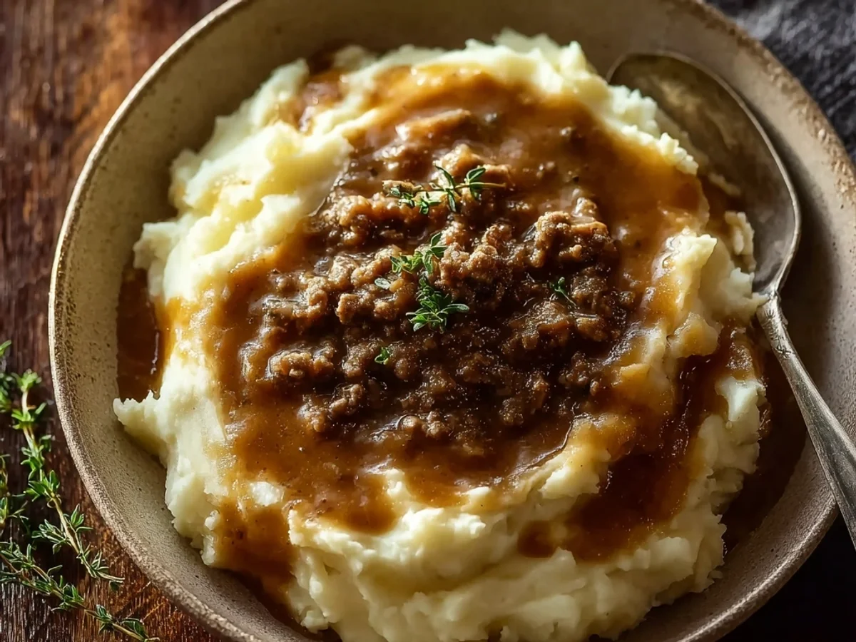 Homestyle Hamburger Gravy Over Creamy Mashed Potatoes - Image 1