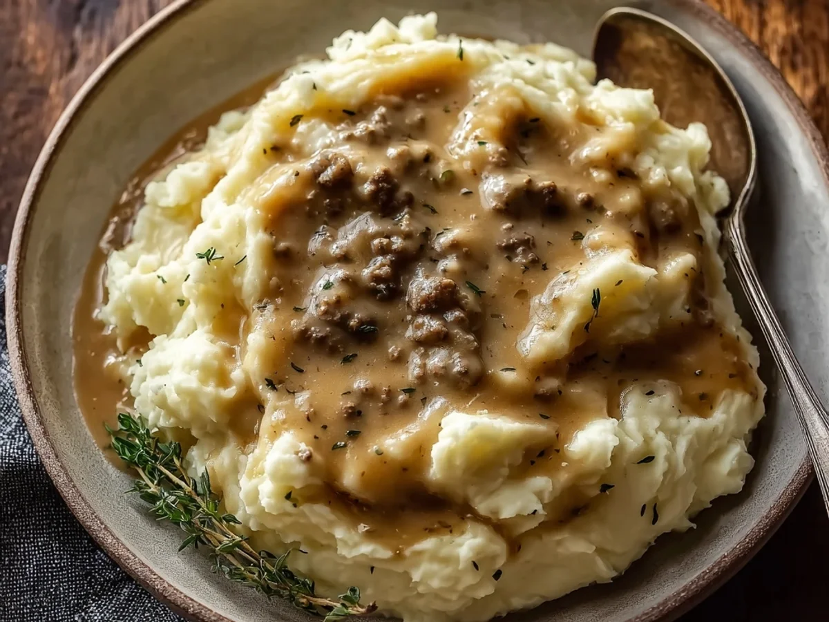 Homestyle Hamburger Gravy Over Creamy Mashed Potatoes - Image 2