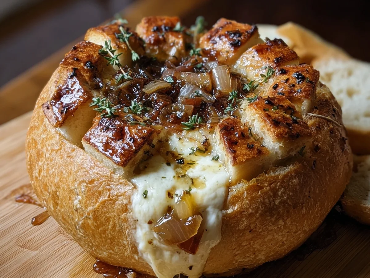 Hot Honey Baked Brie Bread Bowl with Caramelized Onions - Image 1