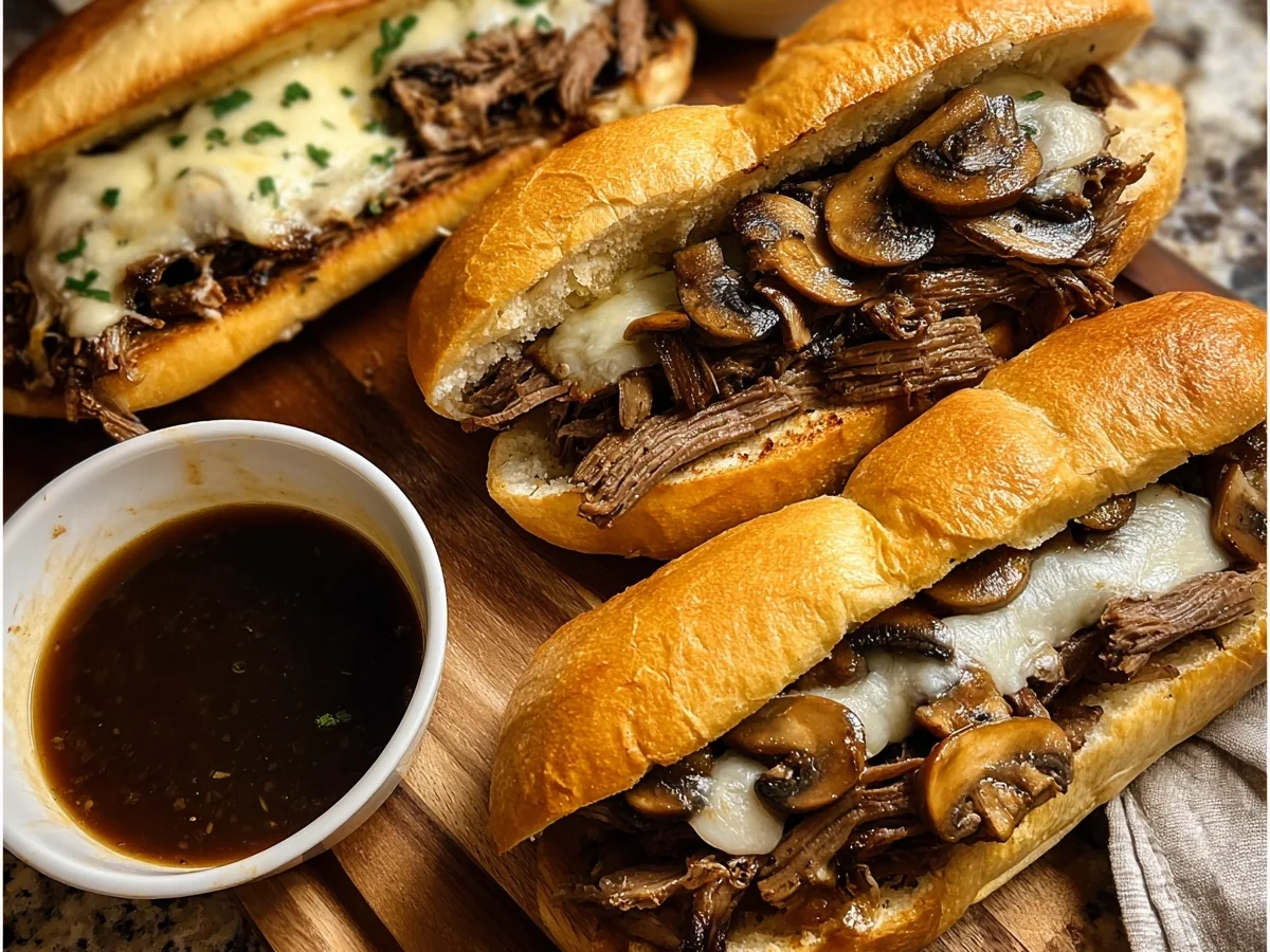 Slow Cooker French Dip Sandwiches with Garlic Mushrooms - Image 1