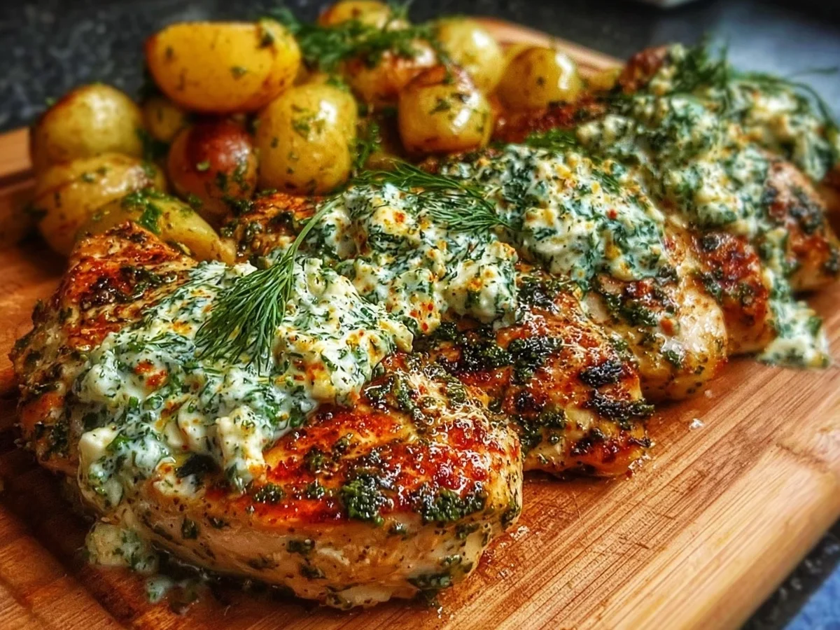 Spicy Yogurt Chicken Thighs with Creamy Dill Feta - Image 1