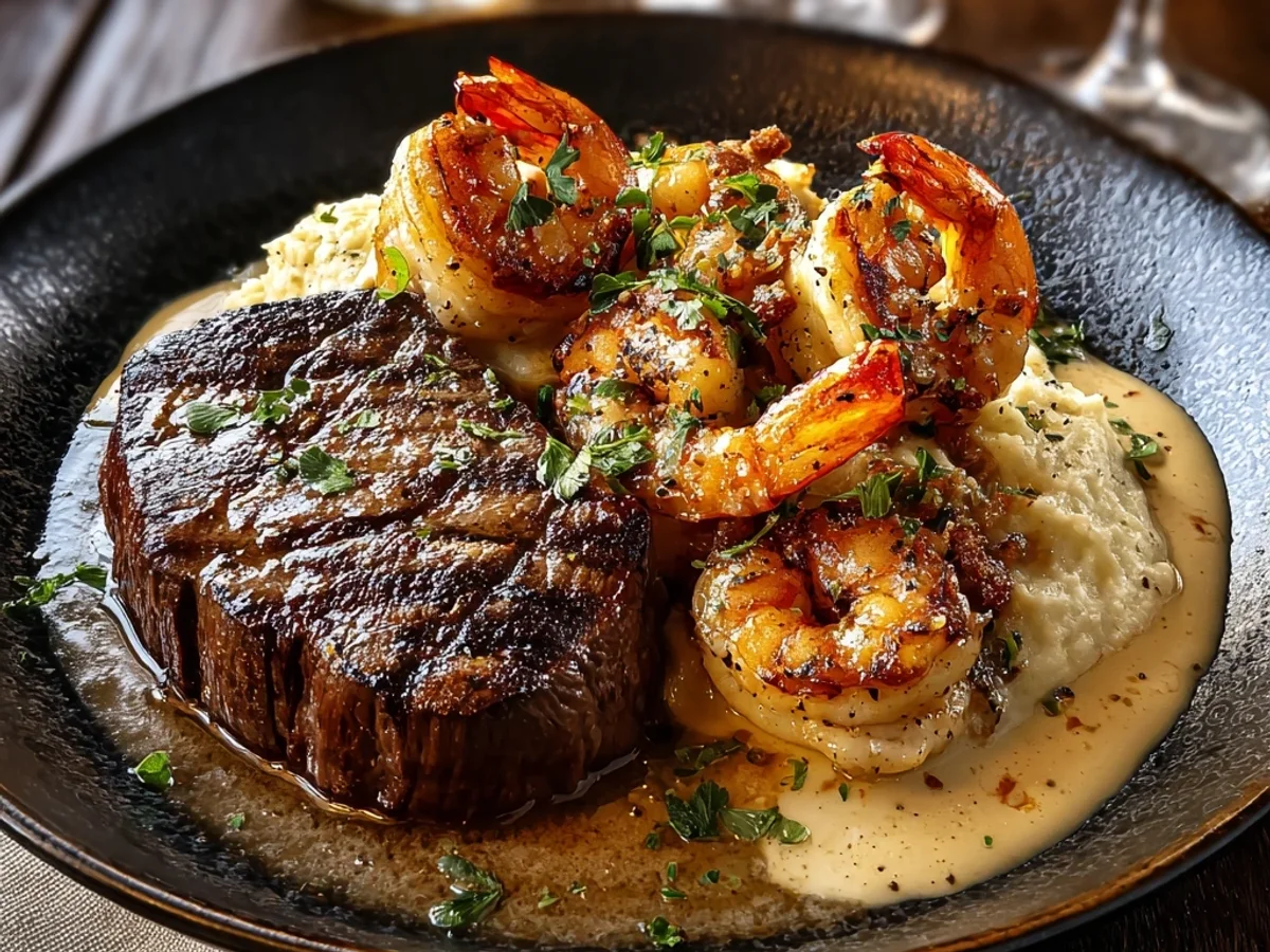 Steak & Creamy Garlic Shrimp Dinner: A Special Plate - Image 1