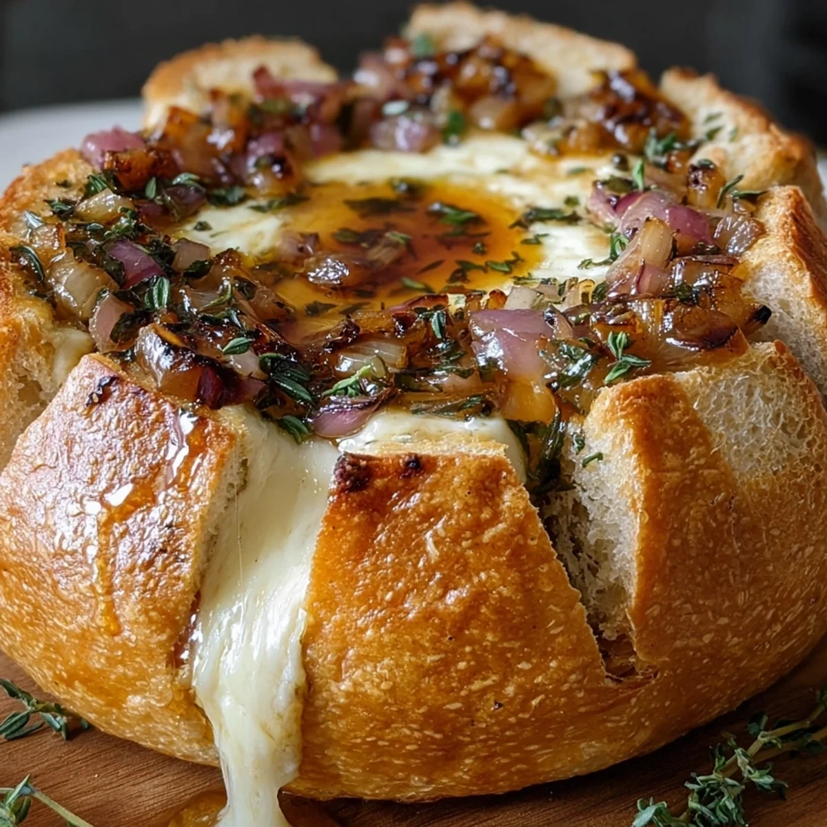 Baked Brie Bread Bowl with Hot Honey, Onions & Thyme