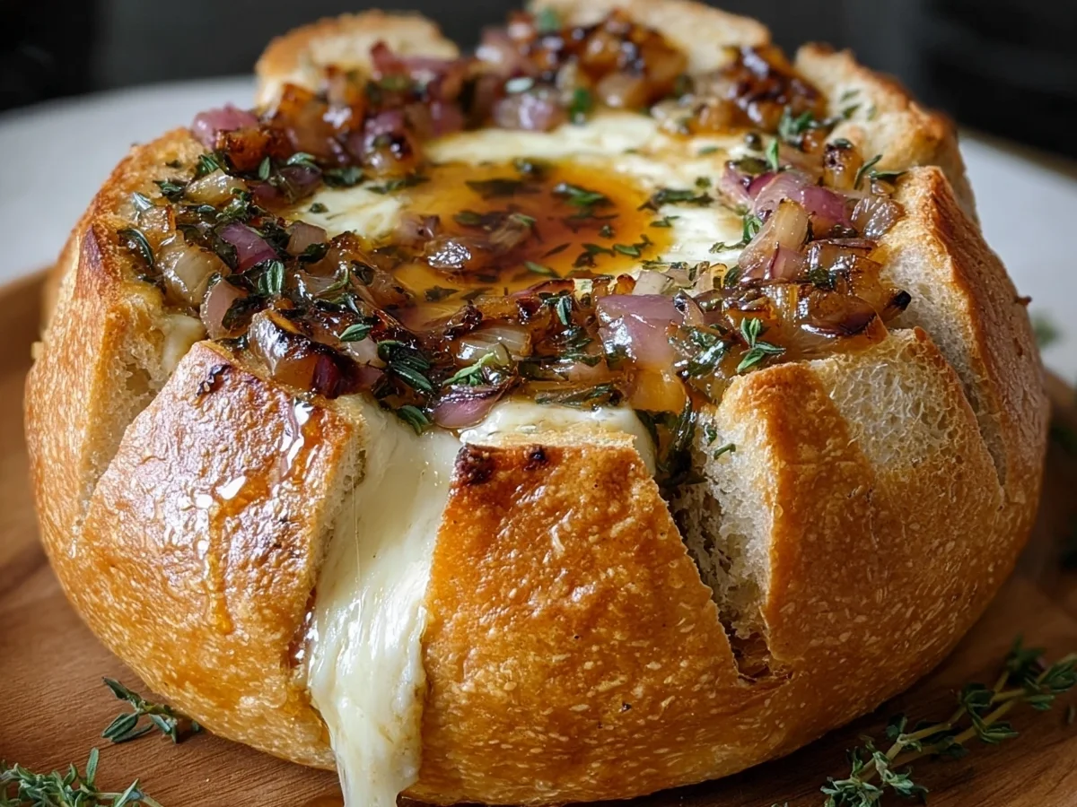 Baked Brie Bread Bowl with Hot Honey, Onions & Thyme - Featured Image