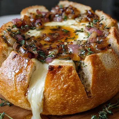 Baked Brie Bread Bowl with Hot Honey, Onions & Thyme