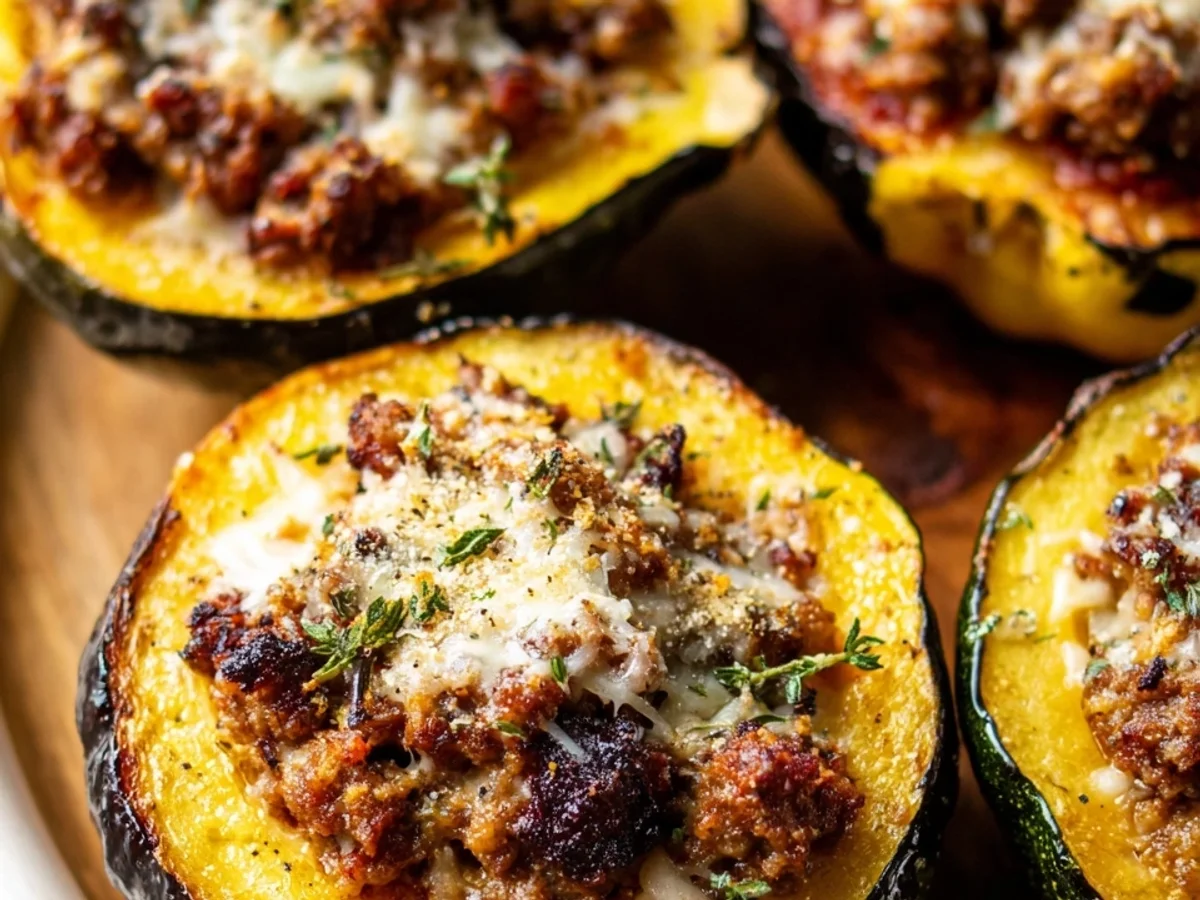 Beef Sausage Parmesan Stuffed Acorn Squash Recipe - Featured Image