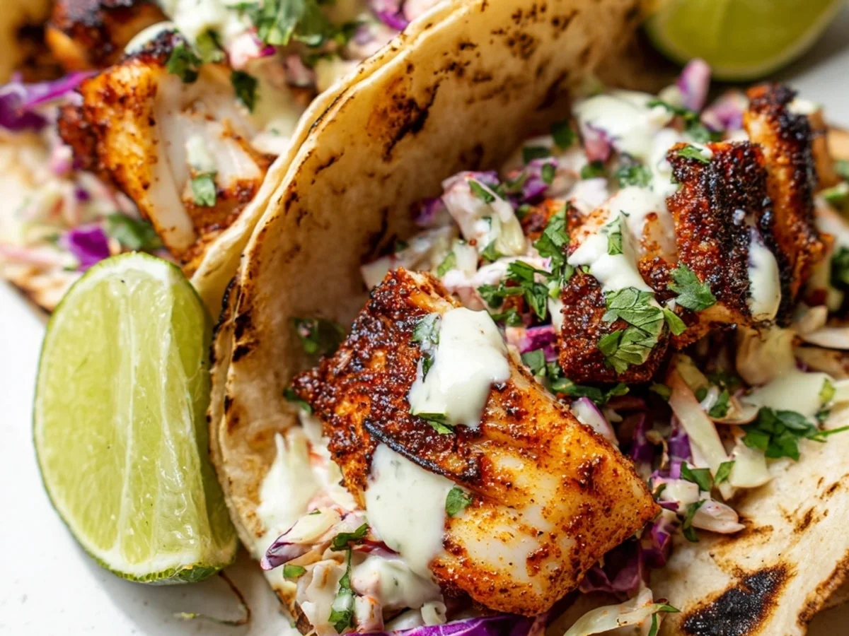 Blackened Fish Tacos with Zesty Slaw & Creamy Sauce - Featured Image