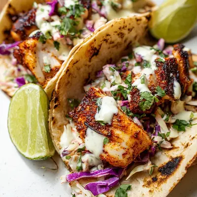 Blackened Fish Tacos with Zesty Slaw & Creamy Sauce