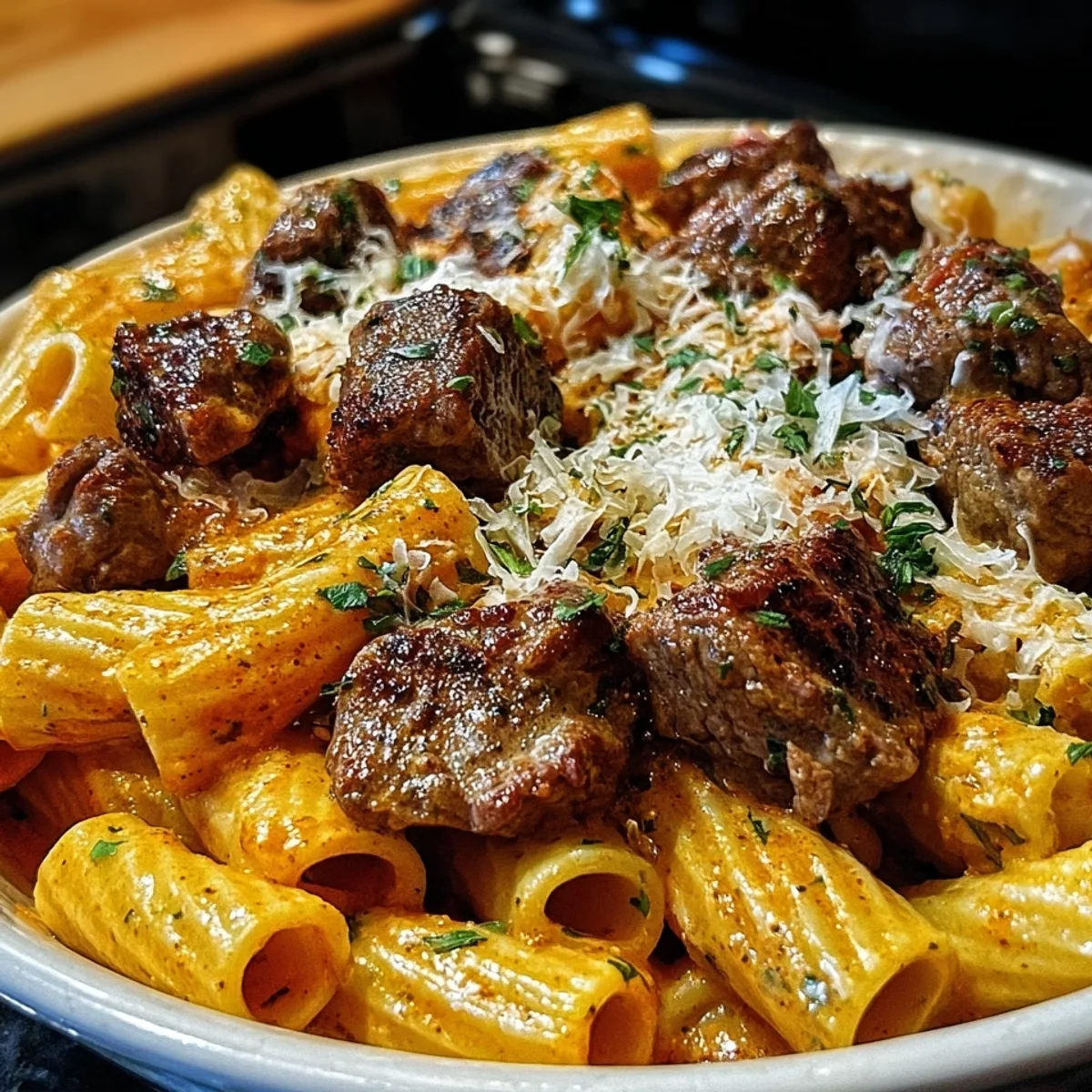 Cajun Steak Tips with Cheesy Rigatoni Parmesan Sauce