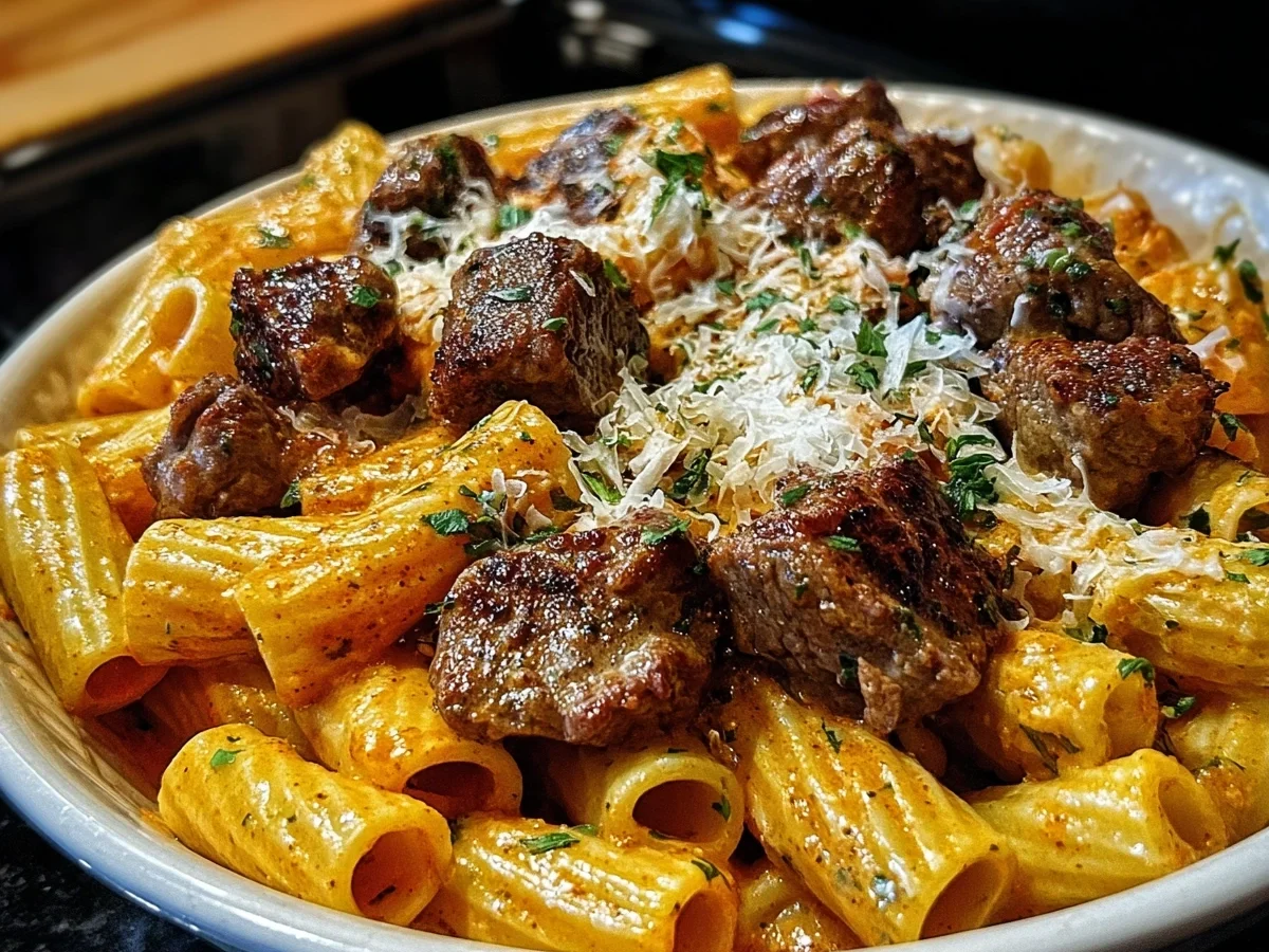 Cajun Steak Tips with Cheesy Rigatoni Parmesan Sauce - Featured Image