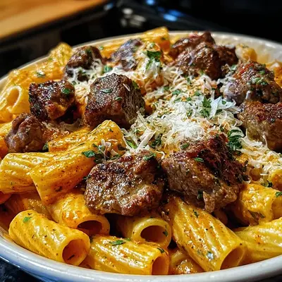 Cajun Steak Tips with Cheesy Rigatoni Parmesan Sauce