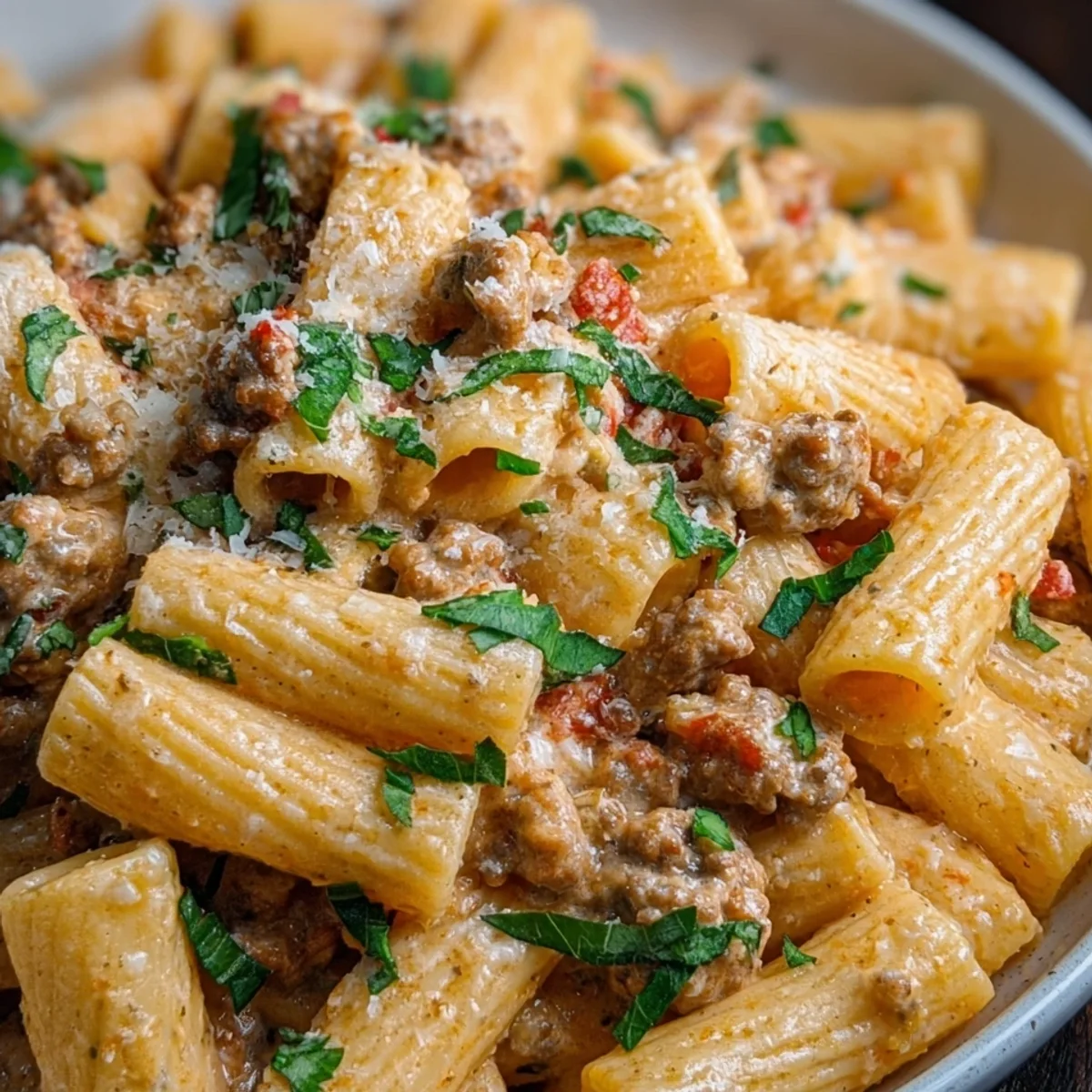 Creamy Beef Sausage Rigatoni with Tomato Sauce