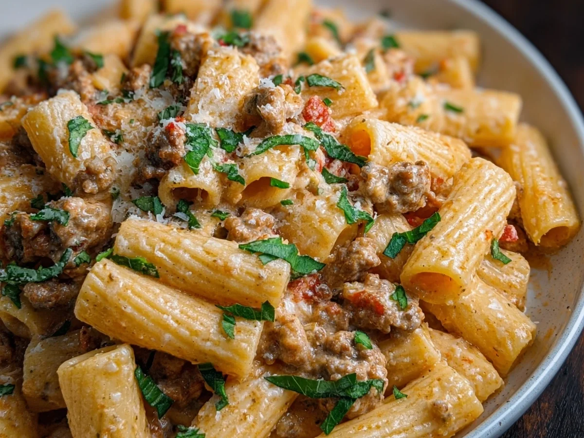 Creamy Beef Sausage Rigatoni with Tomato Sauce - Featured Image