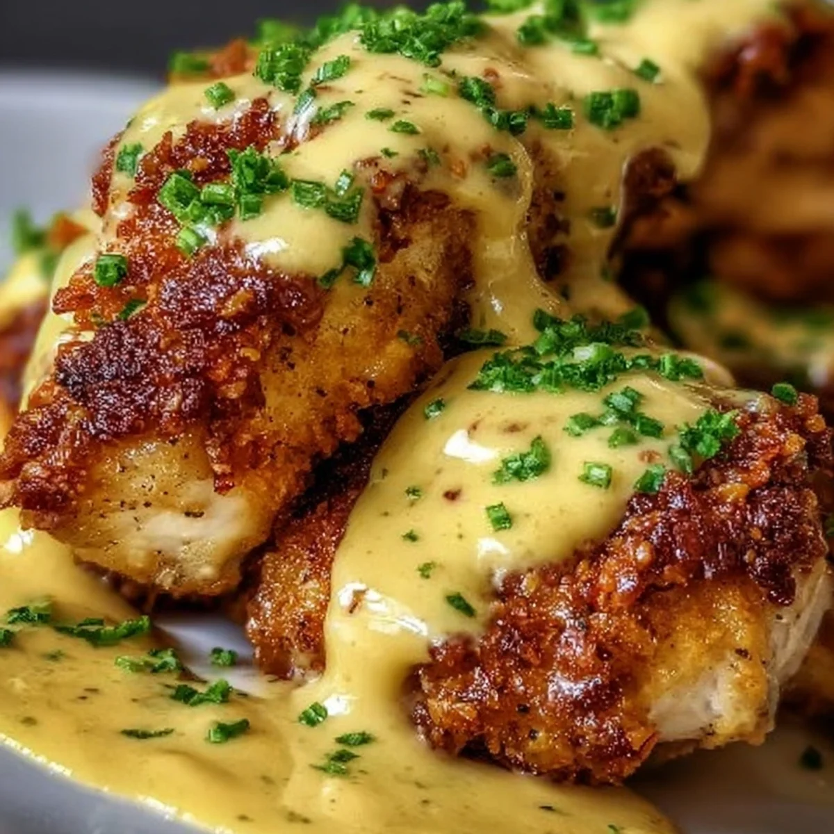Crispy Pretzel Chicken with Tangy Mustard-Cheddar Sauce