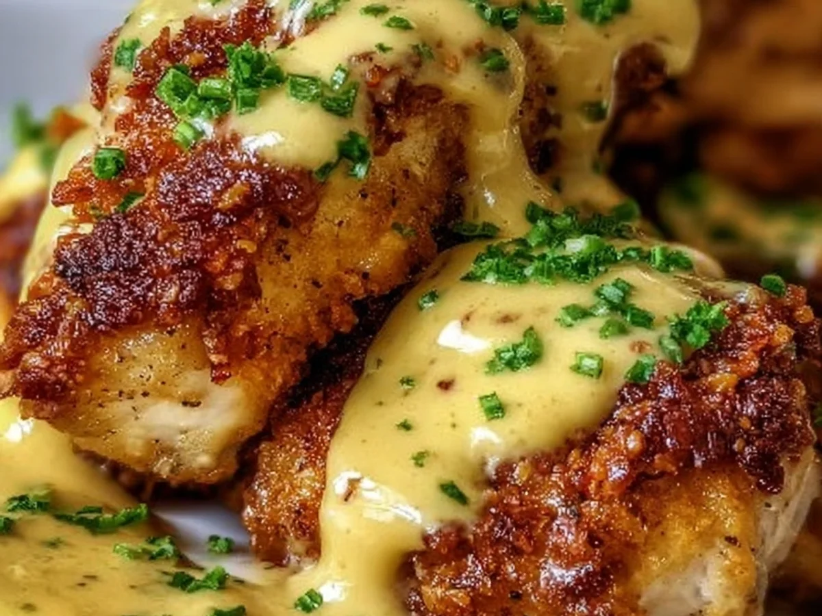 Crispy Pretzel Chicken with Tangy Mustard-Cheddar Sauce - Featured Image
