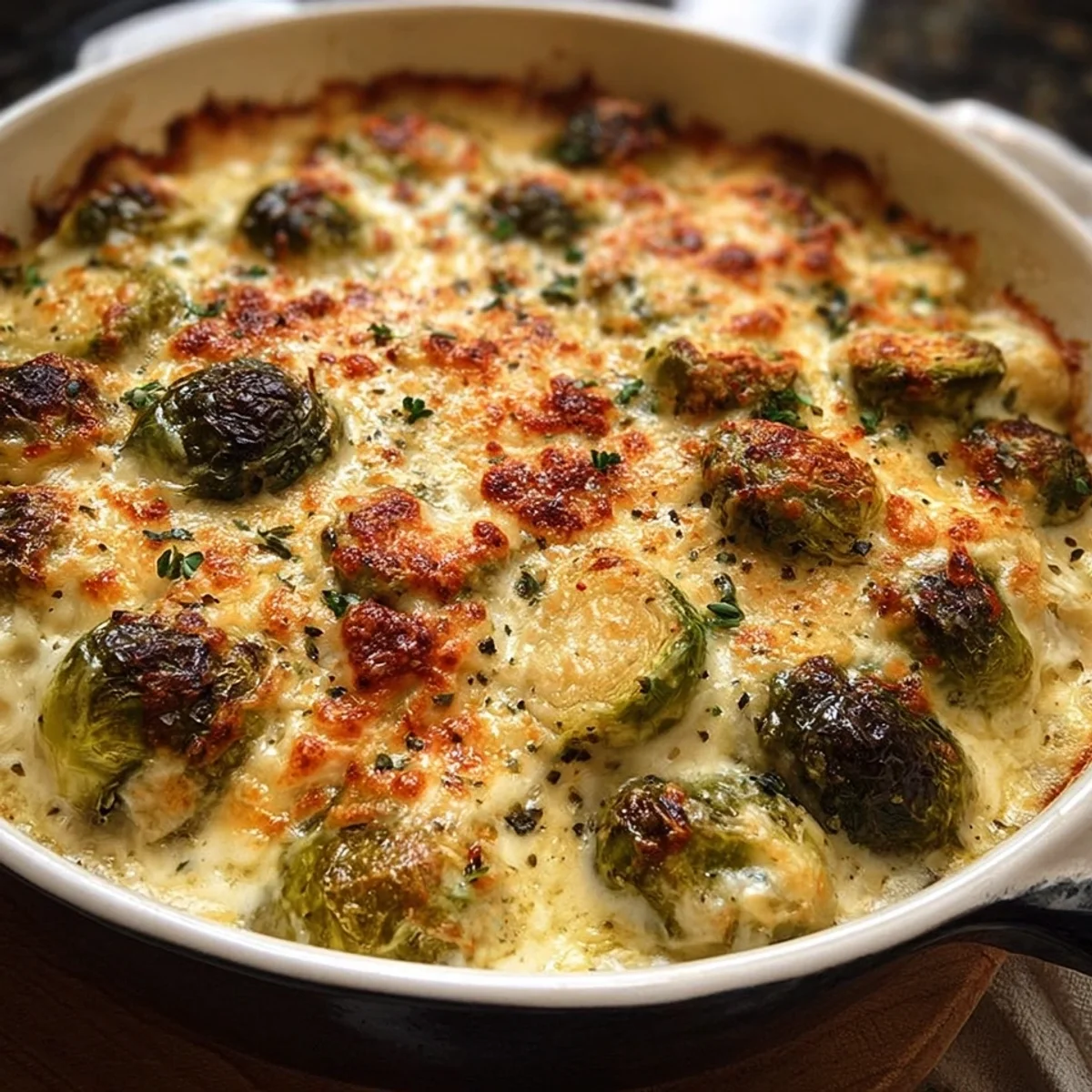 Easy Creamy Cheesy Brussels Sprouts Bake