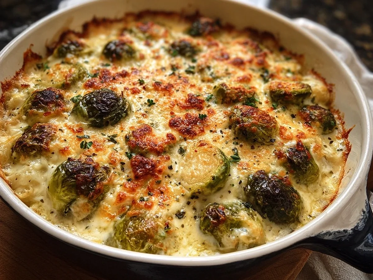 Easy Creamy Cheesy Brussels Sprouts Bake - Featured Image