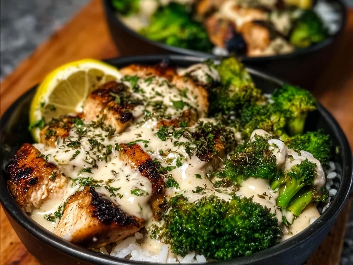 Grilled Chicken & Broccoli Bowls with Creamy Garlic Sauce - Featured Image