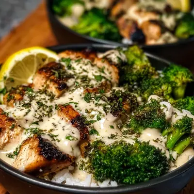 Grilled Chicken & Broccoli Bowls with Creamy Garlic Sauce