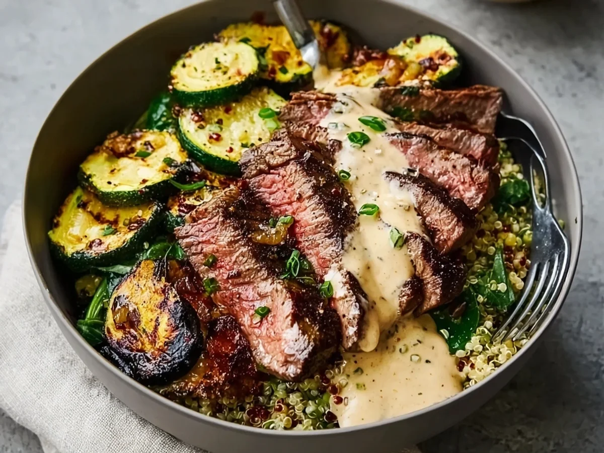 Grilled Steak Bowl with Creamy Sauce & Zucchini - Featured Image