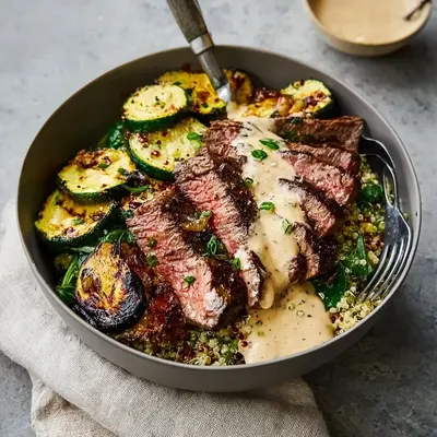 Grilled Steak Bowl with Creamy Sauce & Zucchini