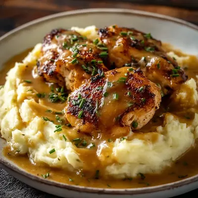 Hearty Chicken and Garlic Gravy with Cheesy Mashed Potatoes