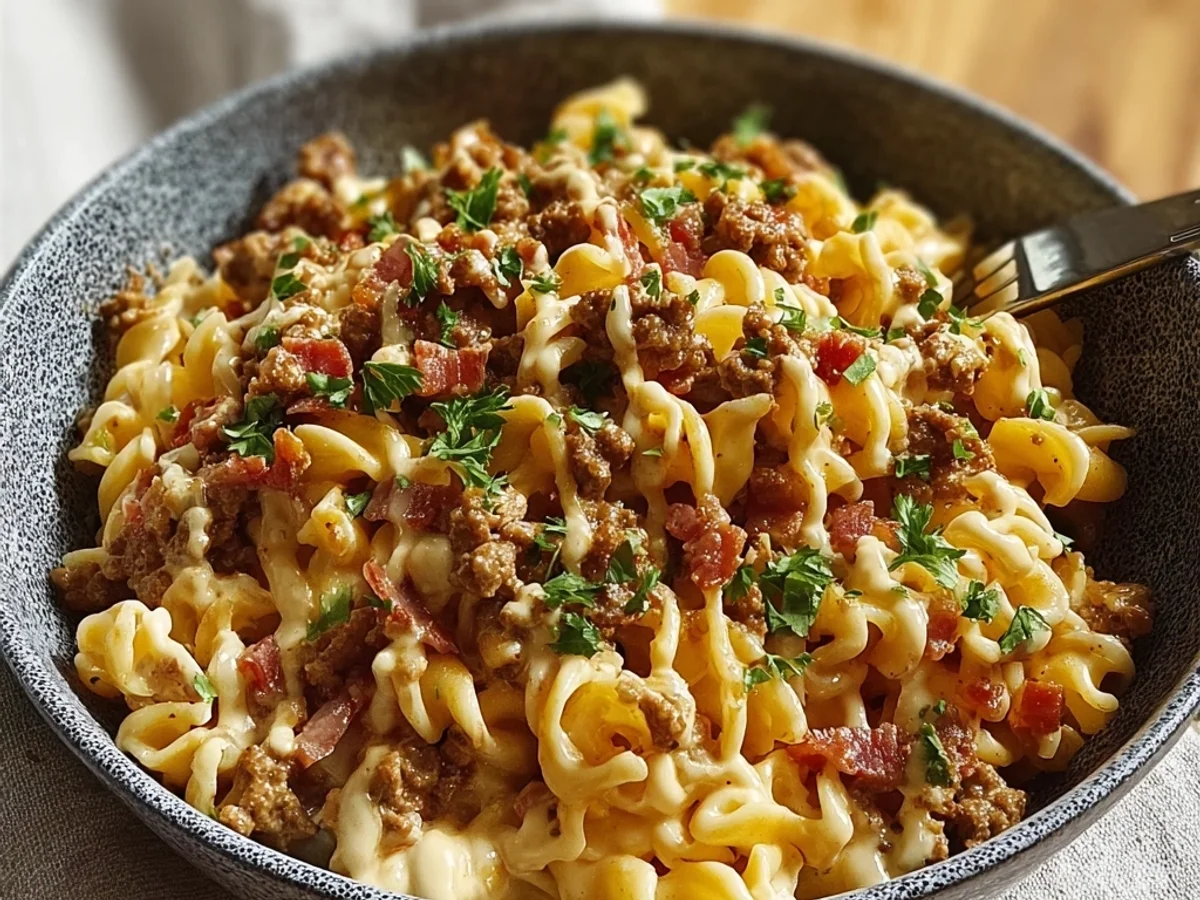 Hearty Turkey Ham Cheeseburger Pasta Skillet - Featured Image