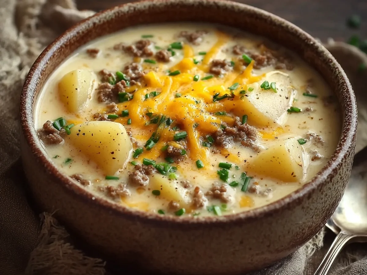 Hearty Warm Cheesy Hamburger Potato Soup Recipe - Featured Image