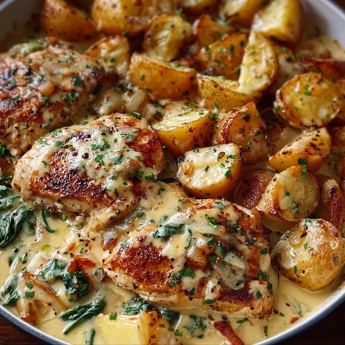 High-Protein Creamy Garlic Cheesy Chicken & Potatoes