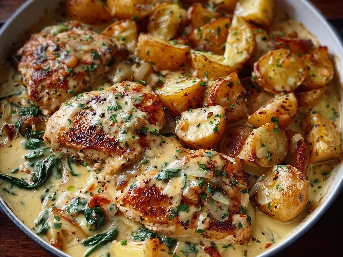 High-Protein Creamy Garlic Cheesy Chicken & Potatoes - Featured Image