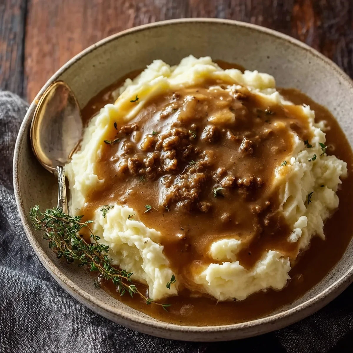 Homestyle Hamburger Gravy Over Creamy Mashed Potatoes