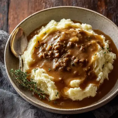 Homestyle Hamburger Gravy Over Creamy Mashed Potatoes