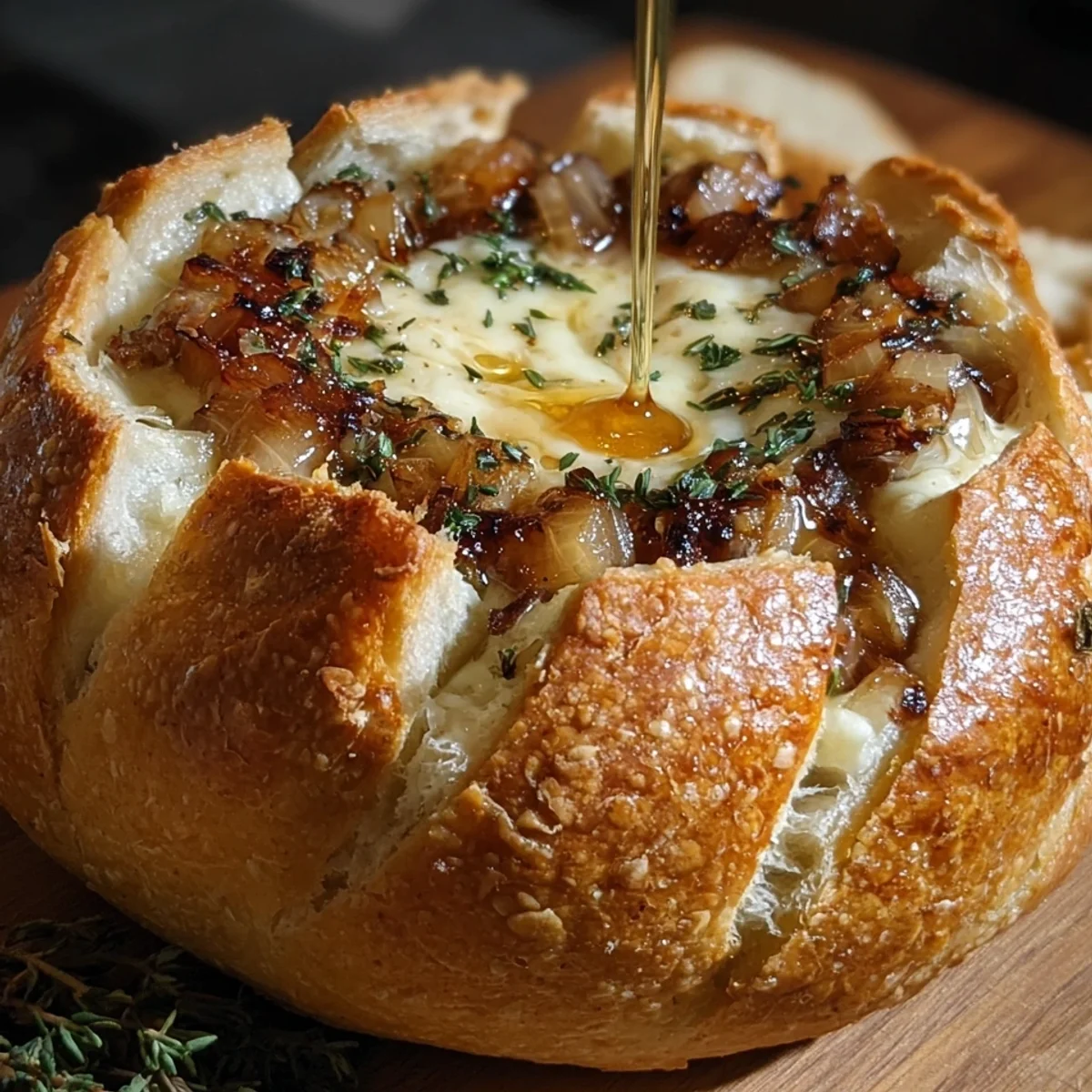Hot Honey Baked Brie Bread Bowl with Caramelized Onions