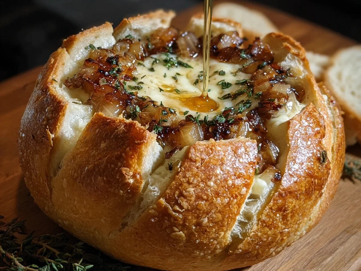 Hot Honey Baked Brie Bread Bowl with Caramelized Onions - Featured Image