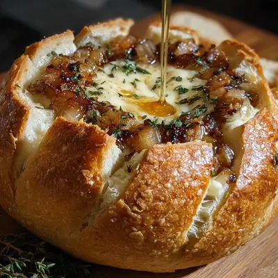 Hot Honey Baked Brie Bread Bowl with Caramelized Onions