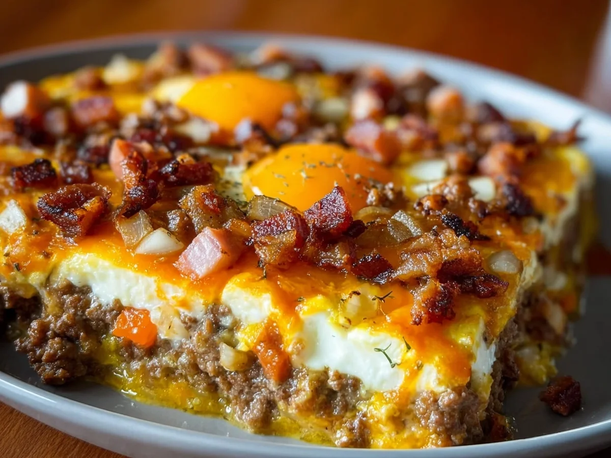 Low Carb Turkey Ham Cheeseburger Casserole Recipe - Featured Image