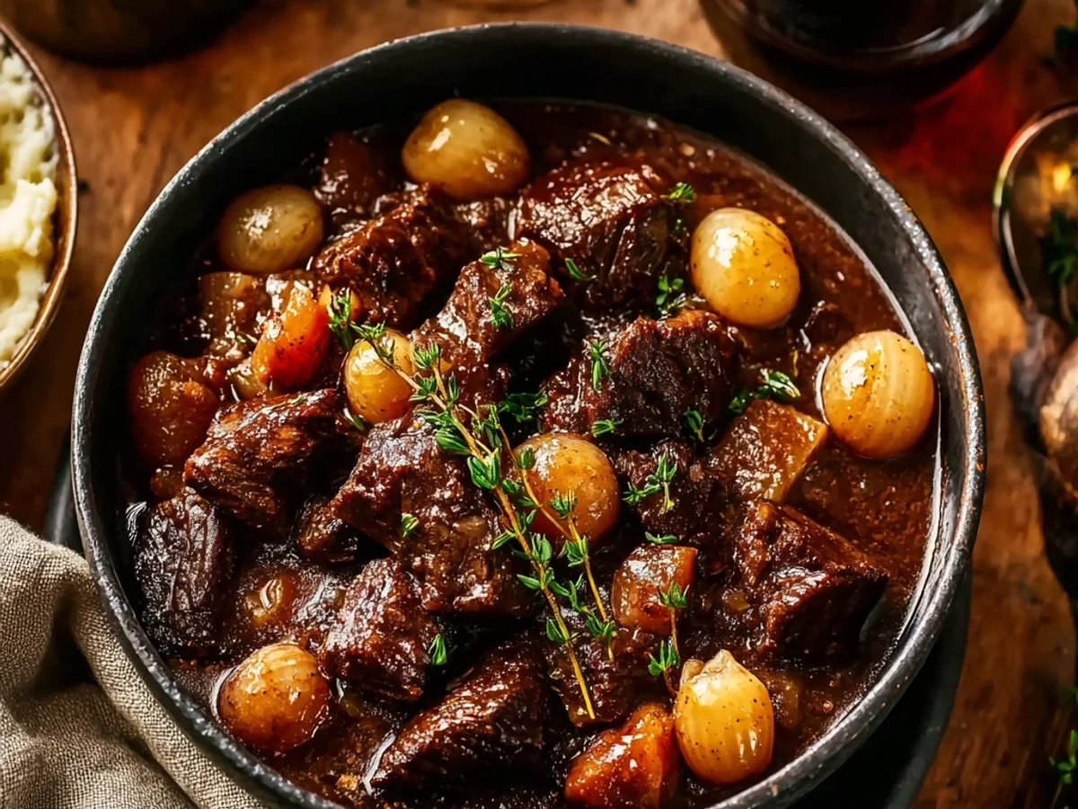 Rich Beef Bourguignon Recipe with Wine & Tender Herbs - Featured Image