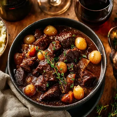 Rich Beef Bourguignon Recipe with Wine & Tender Herbs