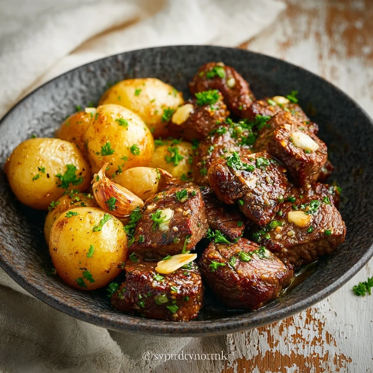 Simple Garlic Steak Bites & Potatoes Skillet