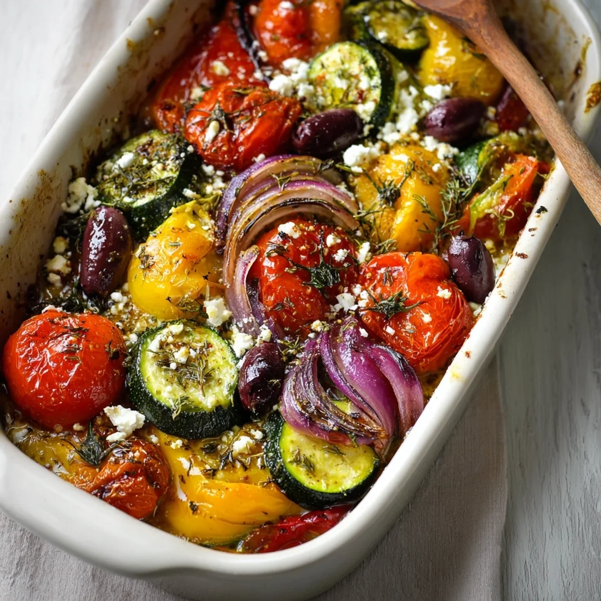 Simple One Pan Greek Vegetables: Roasted Feta & Herbs