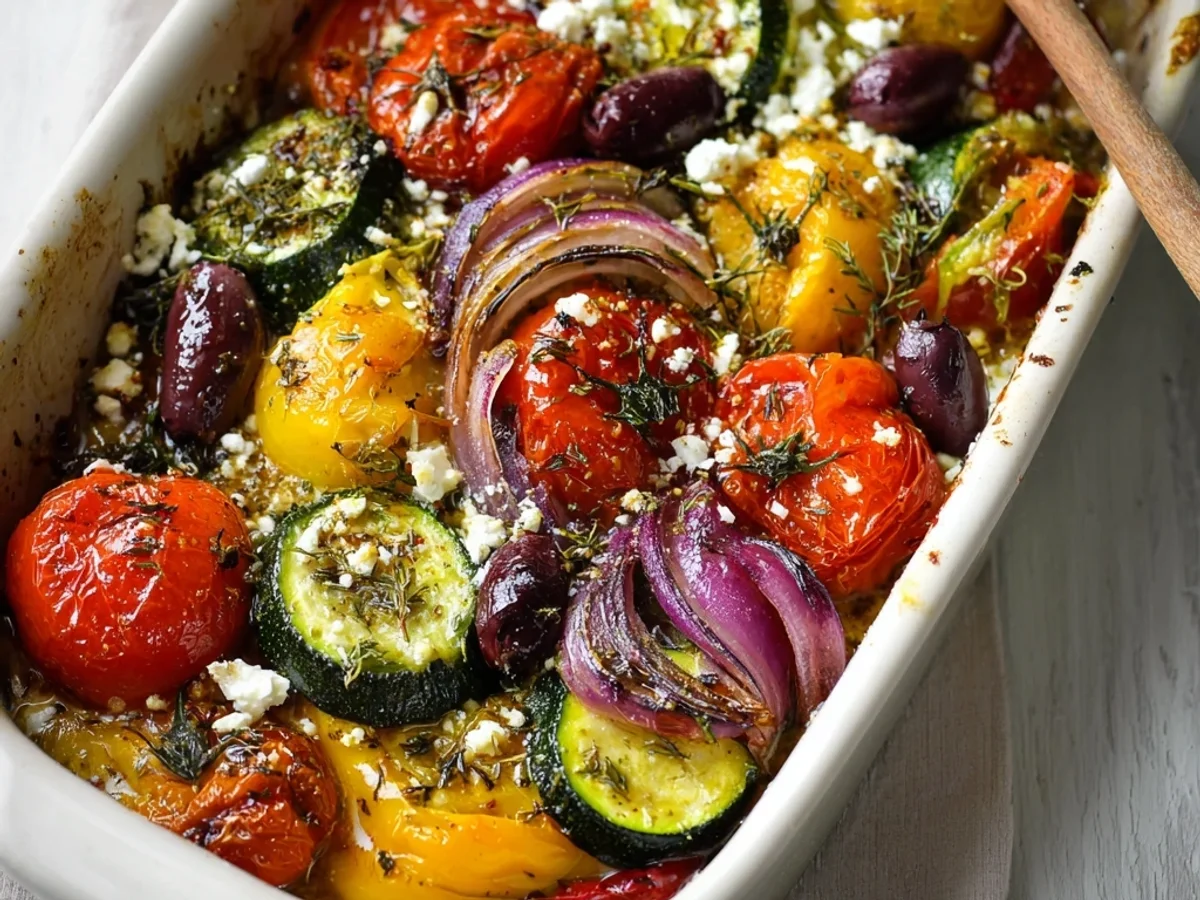 Simple One Pan Greek Vegetables: Roasted Feta & Herbs - Featured Image