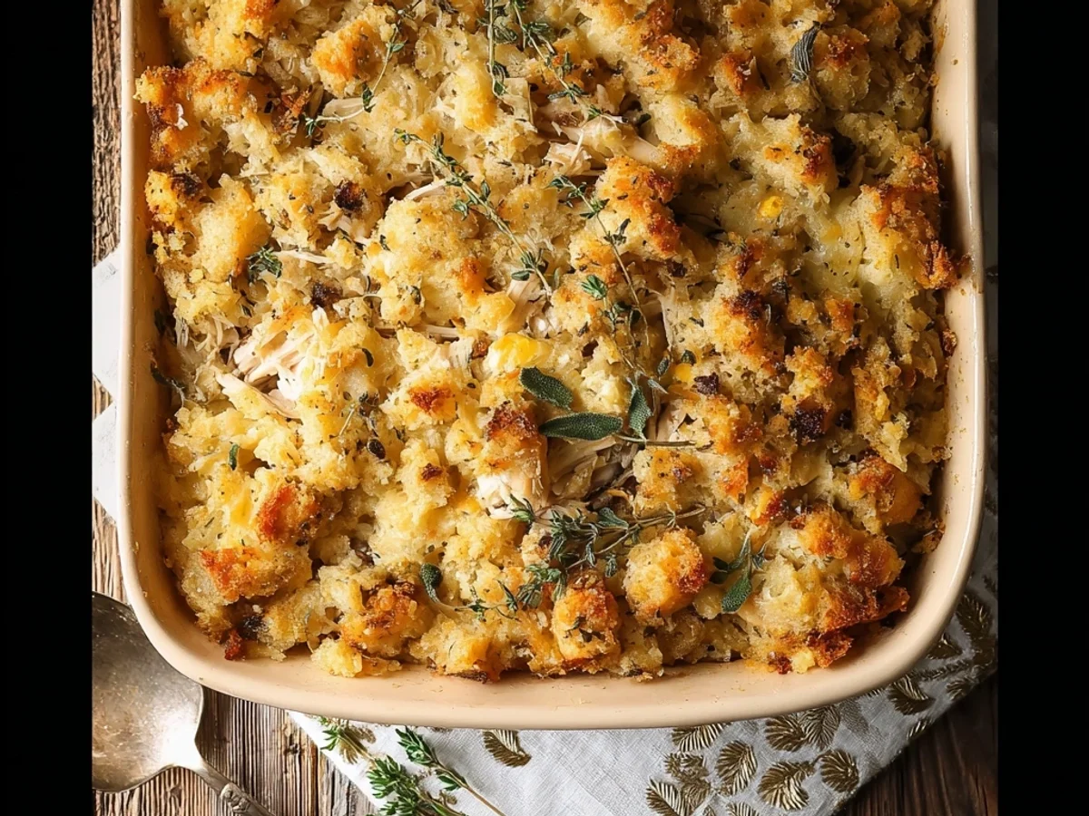 Simple Rotisserie Chicken Stuffing Casserole Bake - Featured Image