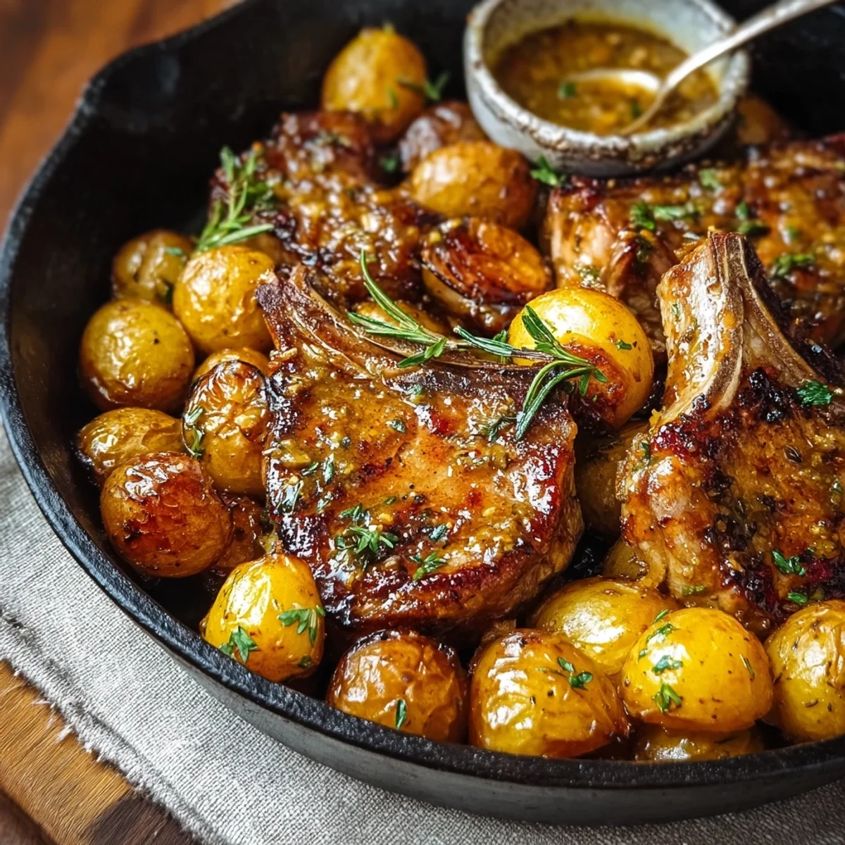 Skillet Honey Mustard Lamb Chops & Potatoes