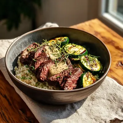 Smoky Grilled Steak Bowl with Grilled Zucchini & Herbs