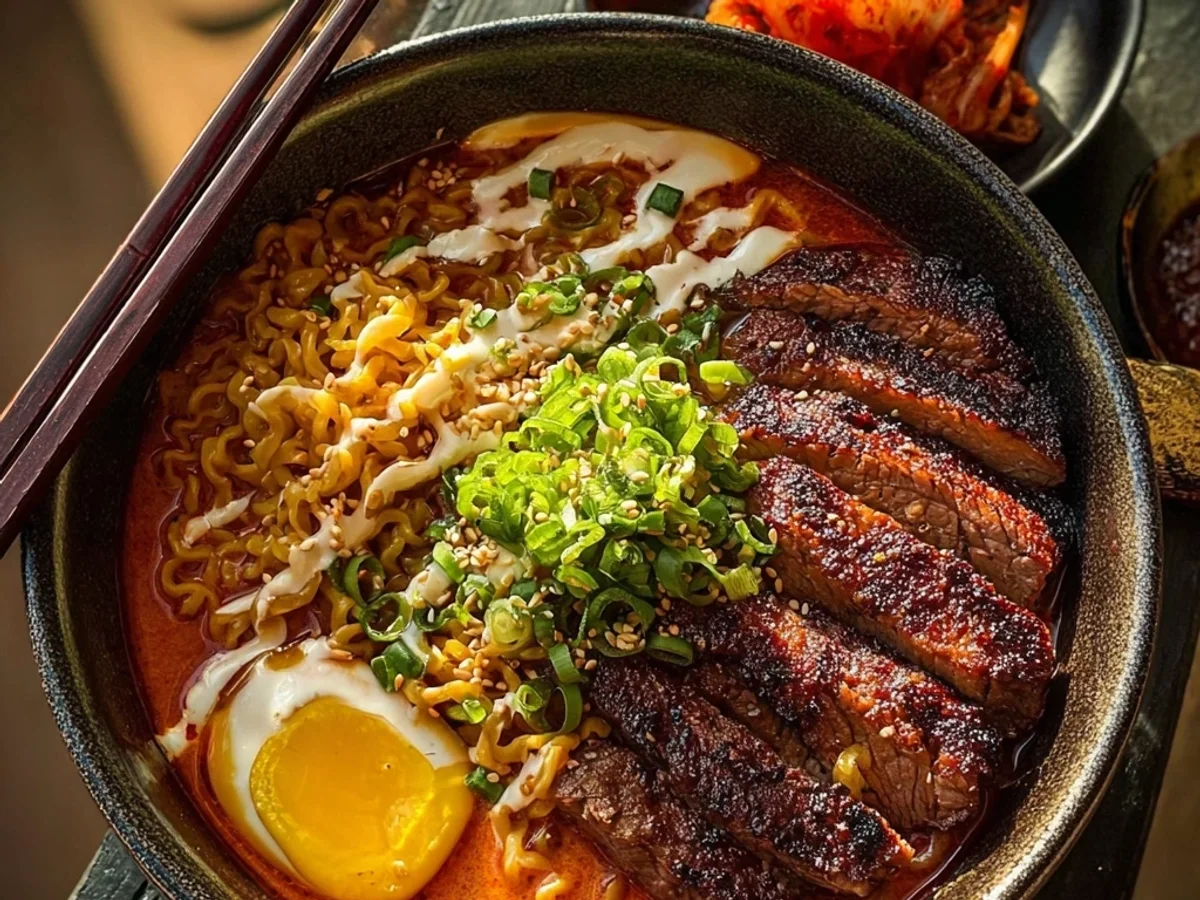 Spicy Korean Ramen with Grilled Beef & Creamy Sauce - Featured Image