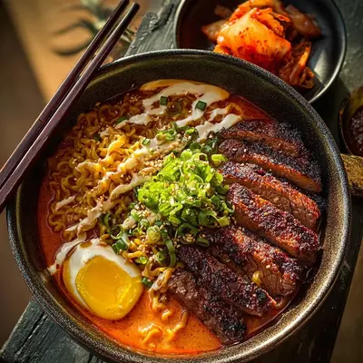 Spicy Korean Ramen with Grilled Beef & Creamy Sauce